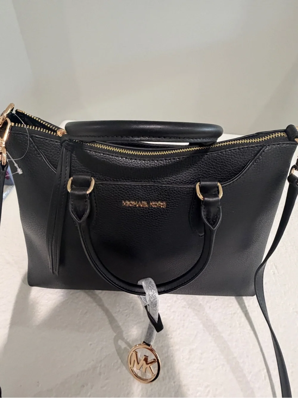 Michael Kors Black Pebbled Leather Satchel with Gold Hardware